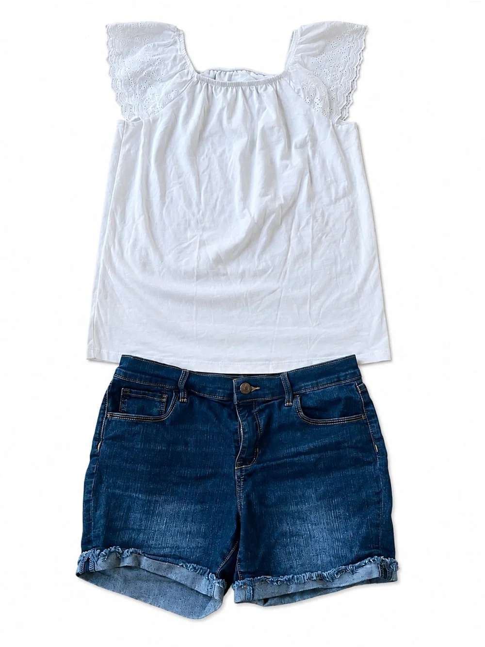 Cat & Jack White Eyelet Flutter Sleeve Top +Old Navy Denim Shorts Girls XL 14-16